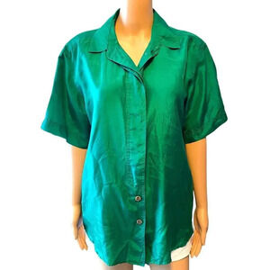 Vintage 90s 100% Silk Buttons up Green Shirt women size 12